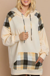 Drawstring Plaid Long Sleeve Hoodie Cream OutfitFlow